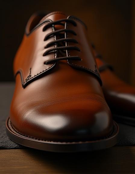 Primo piano di scarpe stringate in pelle marrone lucidate a mano, simbolo di artigianato calzaturiero fiorentino.