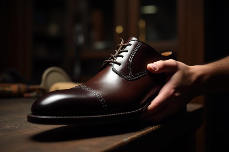 Lucidatura finale di una scarpa in pelle artigianale di alta qualità, con un panno soffice che le conferisce una brillantezza impeccabile.